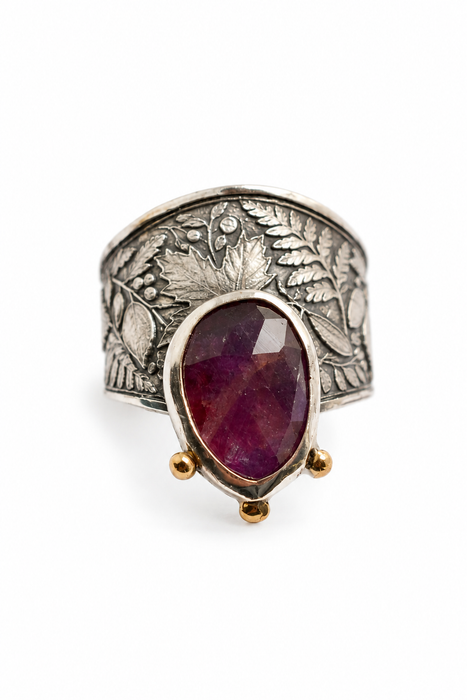 Purple Ruby Leafy Woodland Ring