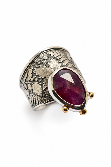 Purple Ruby Leafy Woodland Ring