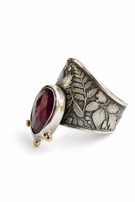 Purple Ruby Leafy Woodland Ring