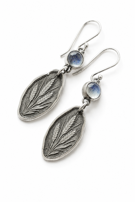 Silver Wheat Stalk Earrings with Moonstones