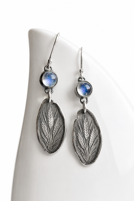 Silver Wheat Stalk Earrings with Moonstones