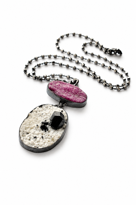 Raw Ruby and Tourmaline in Feldspar Necklace