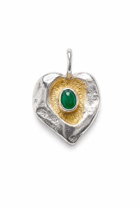 Silver Emerald Sand Cast Heart Pendant