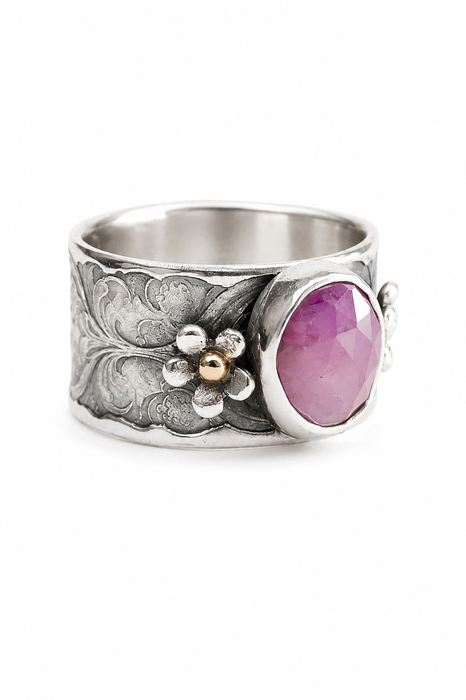 Garnet and Silver Floral Statement Ring