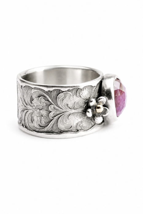 Garnet and Silver Floral Statement Ring