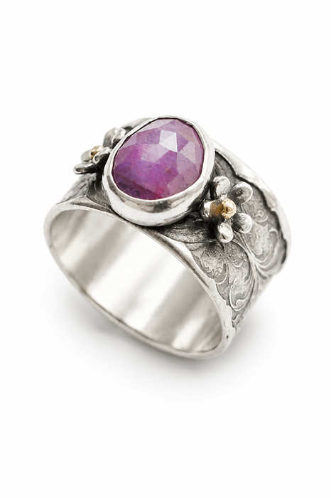 Garnet and Silver Floral Statement Ring