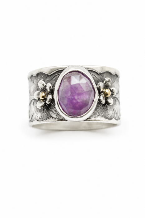 Garnet and Silver Floral Statement Ring