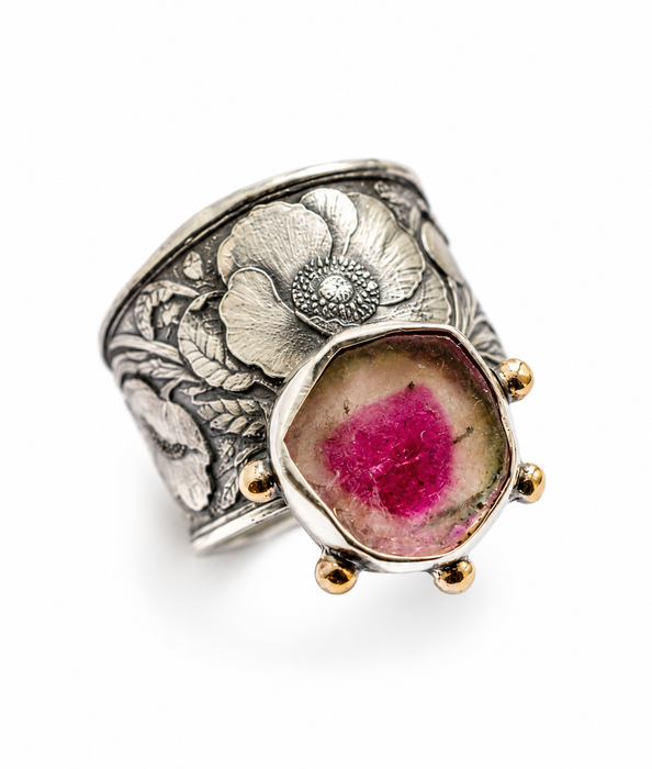 Watermelon Tourmaline & Poppies Ring