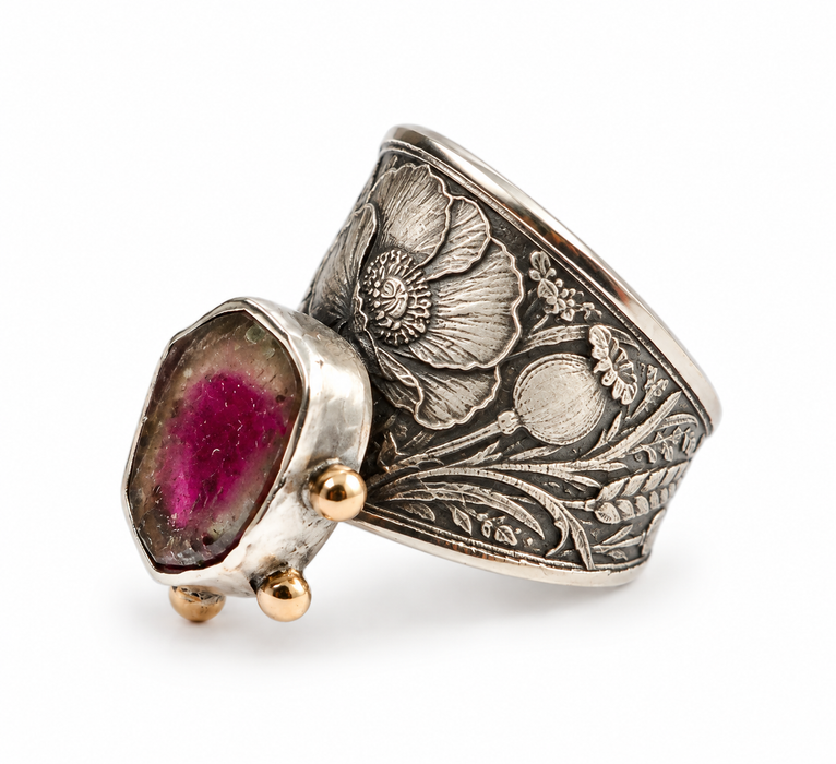 Watermelon Tourmaline & Poppies Ring
