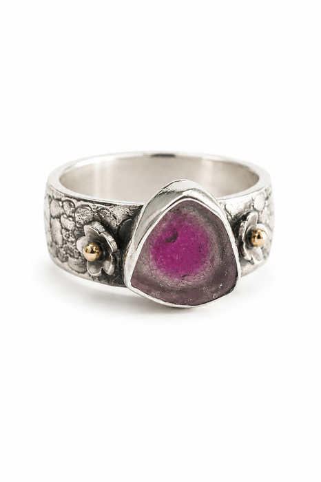 Weathered Ring - Sand Cast Silver with Watermelon Tourmaline