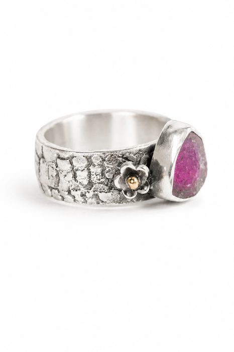 Weathered Ring - Sand Cast Silver with Watermelon Tourmaline