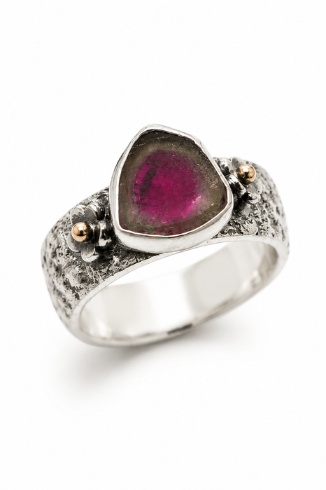 Weathered Ring - Sand Cast Silver with Watermelon Tourmaline