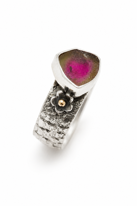 Weathered Ring - Sand Cast Silver with Watermelon Tourmaline