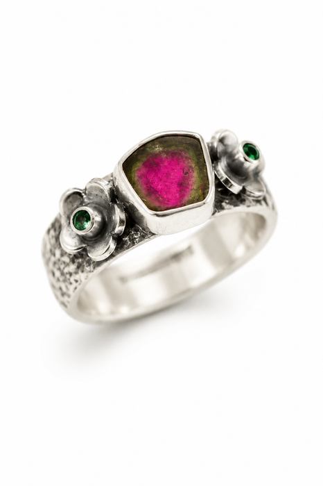 Weathered Ring -  Watermelon Tourmaline and Emerald