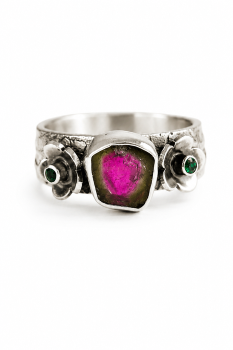 Weathered Ring -  Watermelon Tourmaline and Emerald
