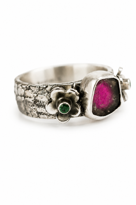 Weathered Ring -  Watermelon Tourmaline and Emerald