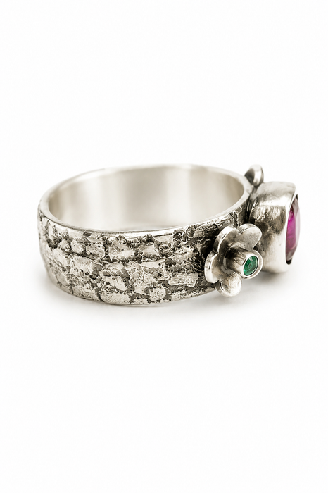 Weathered Ring -  Watermelon Tourmaline and Emerald