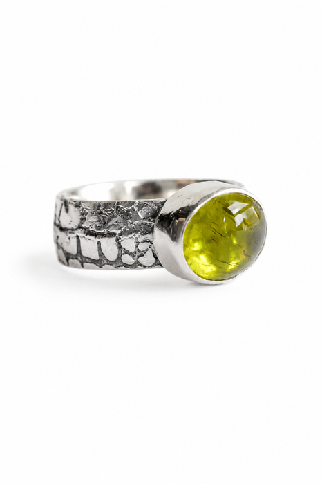 Weathered Ring - Sand Cast Silver with Peridot