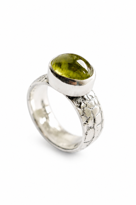 Weathered Ring - Sand Cast Silver with Peridot