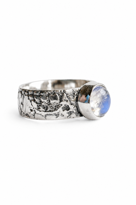 Weathered Ring - Sand Cast Silver with Moonstone