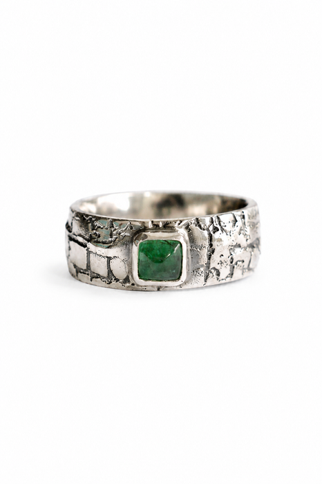 Weathered Ring - Sand Cast Silver with Emerald