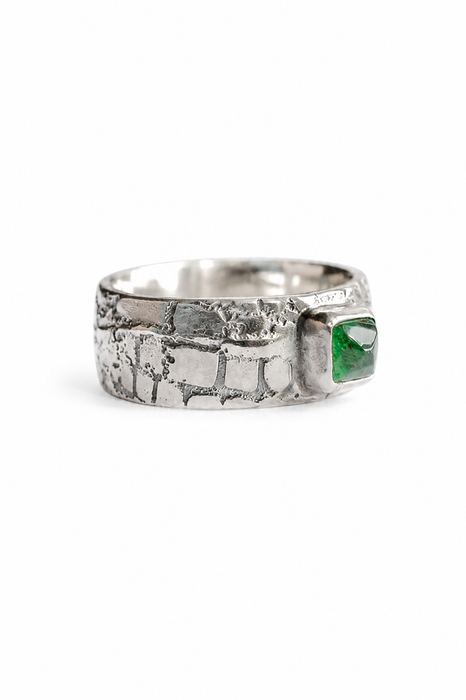 Weathered Ring - Sand Cast Silver with Emerald