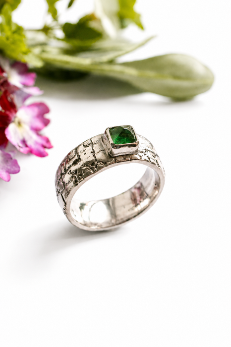 Weathered Ring - Sand Cast Silver with Emerald