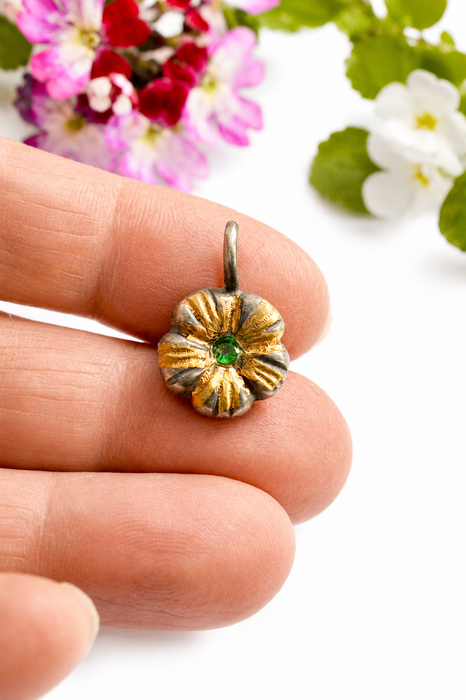 Golden Meadow- Emerald Charm in Solid Sand Cast Silver