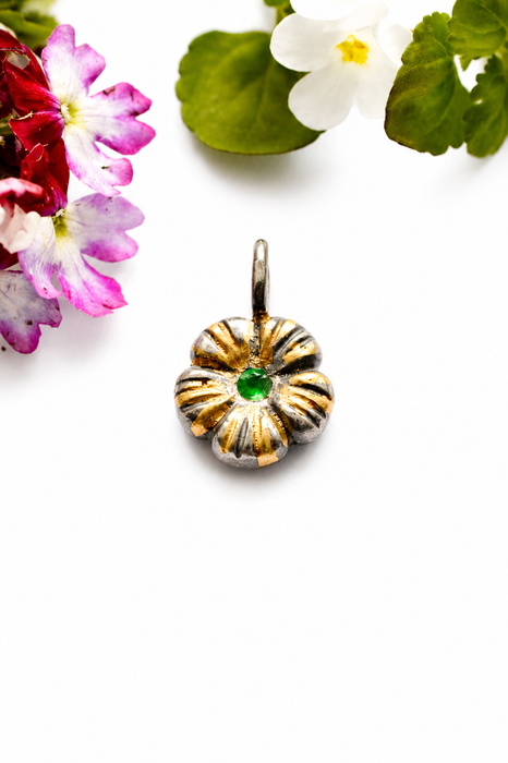 Golden Meadow- Emerald Charm in Solid Sand Cast Silver