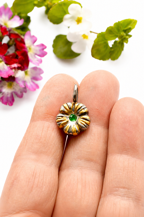 Golden Meadow- Emerald Charm in Solid Sand Cast Silver