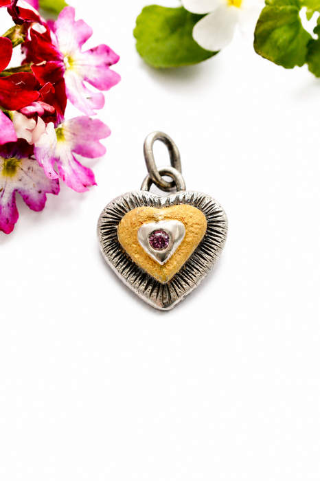 Ember Relic Pendant- Sand Cast Silver with Gold and Rhodolite