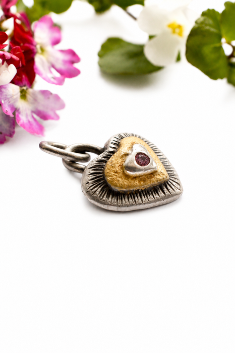 Ember Relic Pendant- Sand Cast Silver with Gold and Rhodolite