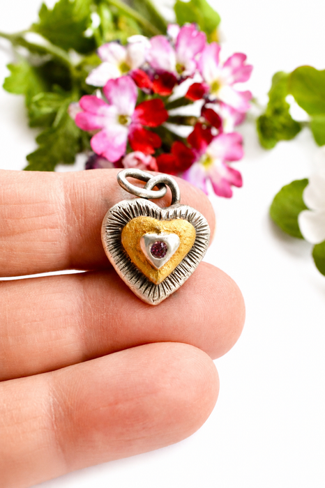 Ember Relic Pendant- Sand Cast Silver with Gold and Rhodolite