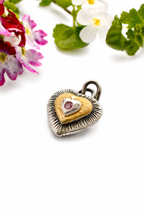 Ember Relic Pendant- Sand Cast Silver with Gold and Rhodolite