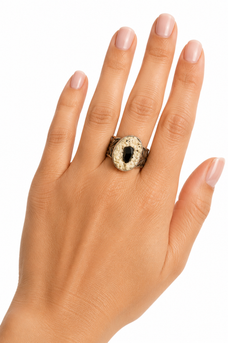 Black Tourmaline in Feldspar Ring in Etched Silver
