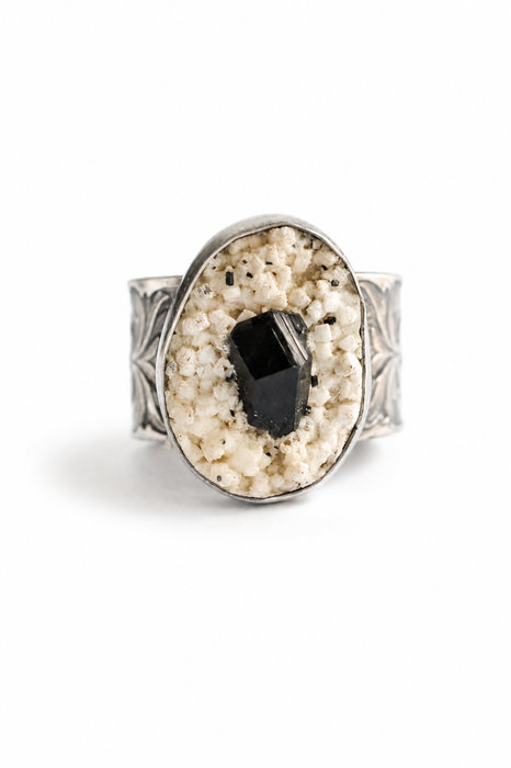 Black Tourmaline in Feldspar Ring in Etched Silver