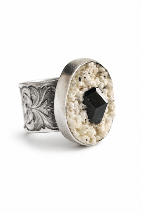 Black Tourmaline in Feldspar Ring in Etched Silver