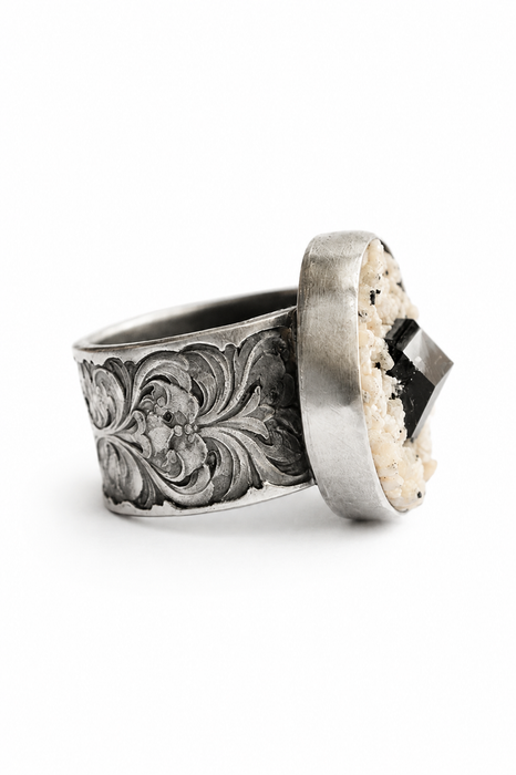 Black Tourmaline in Feldspar Ring in Etched Silver