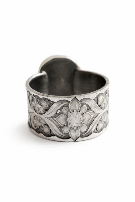 Black Tourmaline in Feldspar Ring in Etched Silver