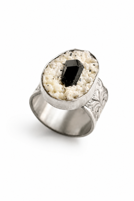 Black Tourmaline in Feldspar Ring in Etched Silver