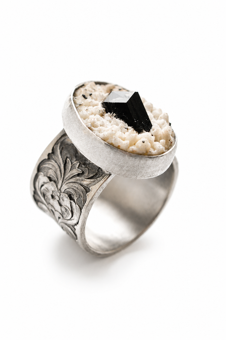 Black Tourmaline in Feldspar Ring in Etched Silver