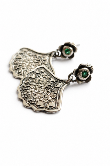 Emerald Etched Silver Fan Earrings