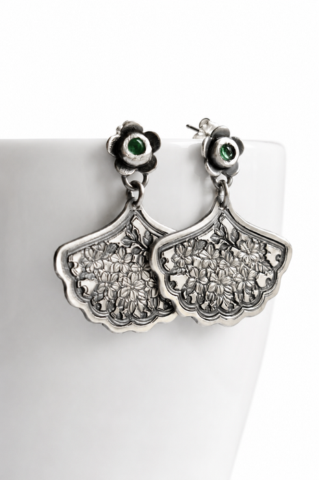 Emerald Etched Silver Fan Earrings