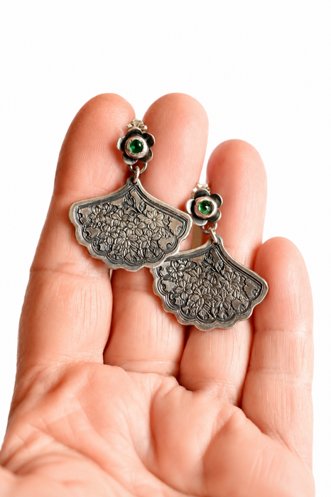 Emerald Etched Silver Fan Earrings