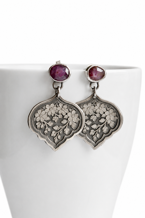 Pink Ruby Earrings in Floral Style Silver