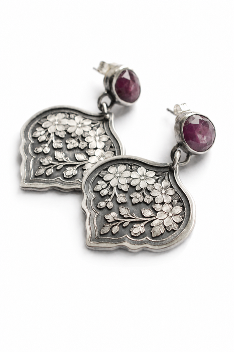 Pink Ruby Earrings in Floral Style Silver