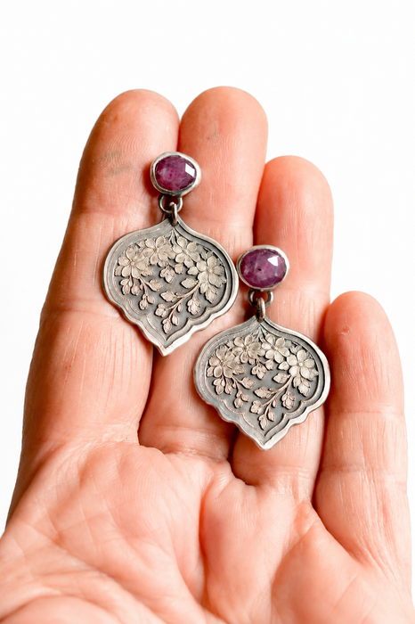 Pink Ruby Earrings in Floral Style Silver