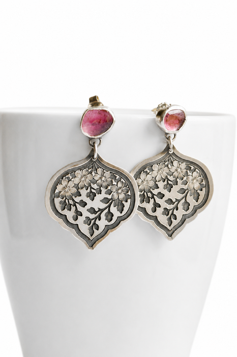 Pink Tourmaline  Earrings in Floral Style Silver