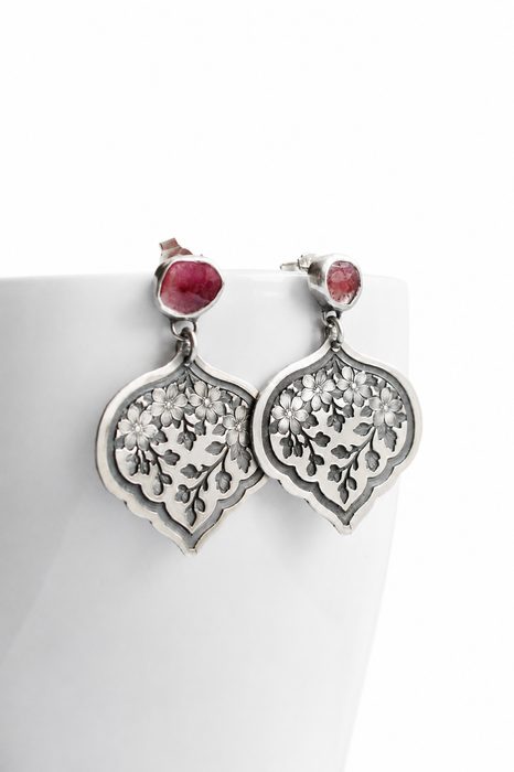 Pink Tourmaline  Earrings in Floral Style Silver