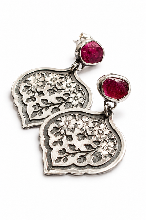 Pink Tourmaline  Earrings in Floral Style Silver